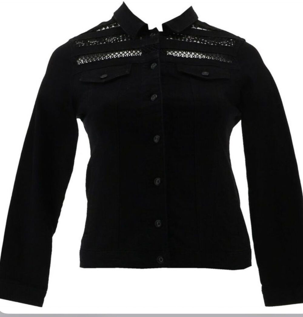 Diane Gilman DG2 Diane Gilman Stretch Crochet Trim Denim Jacket Women's XS